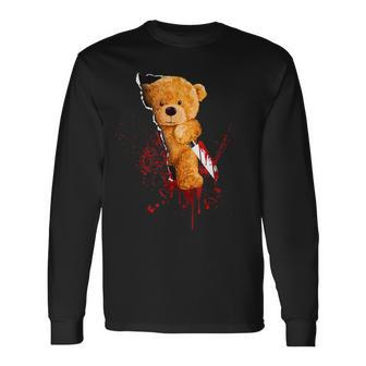 Horror Teddy Bear Cuts Through Fabric Halloween Blood Fun Teddy Bear Long Sleeve T-Shirt | Mazezy