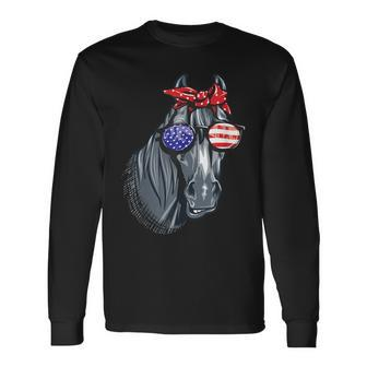 Horse 4Th Of July Horse Graphic American Flag Long Sleeve T-Shirt - Monsterry UK