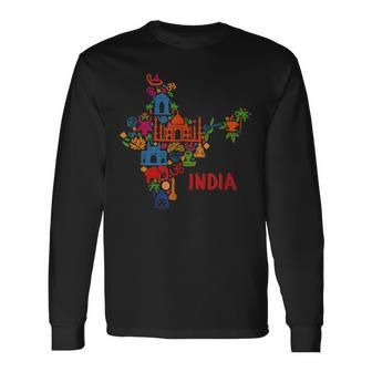 India Elephant Map Silhouette Taj Mahal Long Sleeve T-Shirt - Thegiftio UK