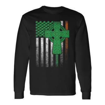 Irish American Flag Ireland Flag St Patricks Day Cross Long Sleeve T-Shirt - Seseable