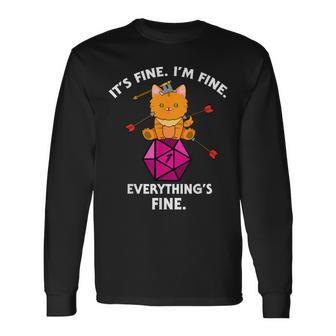 It's Fine Rpg Gamer Cat D20 Dice Fail Nerdy Geek Long Sleeve T-Shirt - Seseable