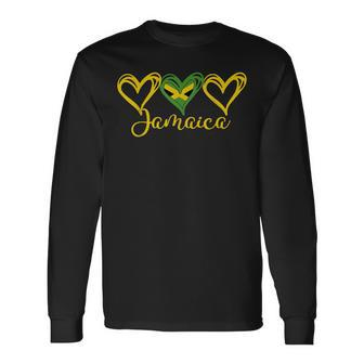Jamaican Love Jamaican Flag Three Hearts Jamaica Long Sleeve T-Shirt - Seseable
