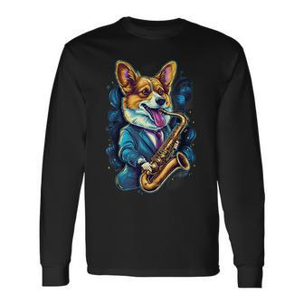 Jazz Musician Corgi Dog Saxophone Corgi Long Sleeve T-Shirt T-Shirt | Mazezy