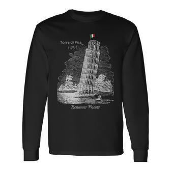 Leaning Tower Of Pisa With Italian Flag Sketch Long Sleeve T-Shirt T-Shirt | Mazezy