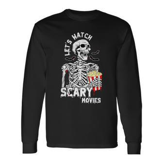 Let's Watch Scary Movies Skeleton Popcoin Halloween Costume Long Sleeve T-Shirt | Mazezy