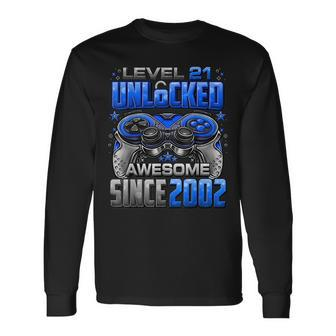 Level 21 Unlocked Awesome Since 2002 21St Birthday Gaming Long Sleeve T-Shirt - Seseable
