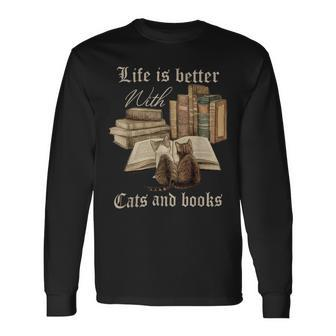 Life Is Better With Cats And Books Long Sleeve T-Shirt - Monsterry DE