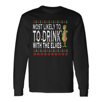 Most Likely To Drink With The Elves Elf Drinking Christmas Long Sleeve T-Shirt - Monsterry UK