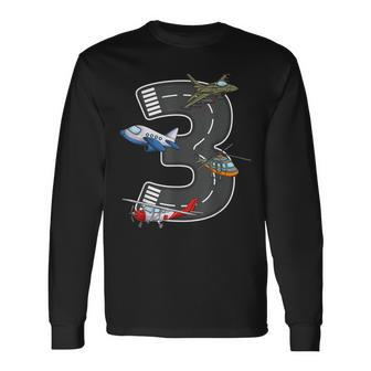 Little Pilot 3Rd Birthday Party 3 Three Years Old Airplane Long Sleeve - Seseable