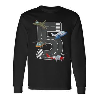 Little Pilot 5Th Birthday Party 5 Five Year Old Airplane Long Sleeve T-Shirt - Seseable