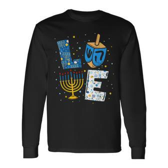 Love Cute Hanukkah Decorations Dreidel Menorah Chanukah Long Sleeve T-Shirt - Seseable
