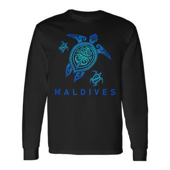 Maldives Sea Blue Tribal Turtle Long Sleeve T-Shirt | Mazezy