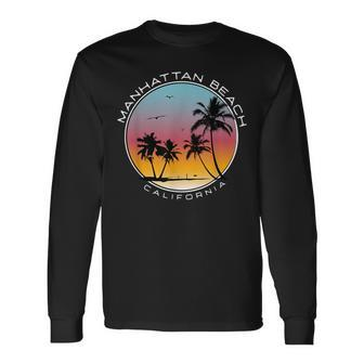 Manhattan Beach California Sunset Palm Tree Long Sleeve T-Shirt | Mazezy