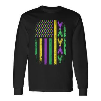 Mardi Gras Us American Flag With Crawfish New Orleans Long Sleeve - Monsterry