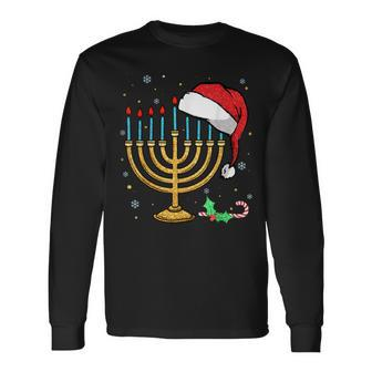 Menorah Santa Hat Chanukah Hanukkah Jewish Christmas Pajama Long Sleeve T-Shirt - Monsterry DE