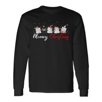 Meowy Catmas Santa Hat Xmas Cat Lover Christmas Lights Long Sleeve T-Shirt - Seseable