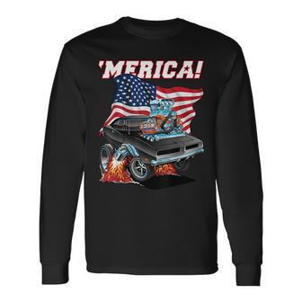 Merica Patriotic Classic Hot Rod Muscle Car Usa Flag Cartoon Patriotic Long Sleeve T-Shirt T-Shirt | Mazezy