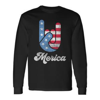Merica Rock N Roll Hand Red White Blue 4Th Of July Long Sleeve T-Shirt T-Shirt | Mazezy