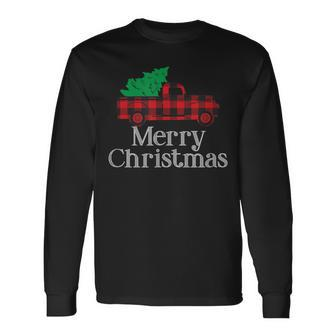 Merry Christmas Buffalo Plaid Vintage Truck Tree Long Sleeve T-Shirt | Mazezy