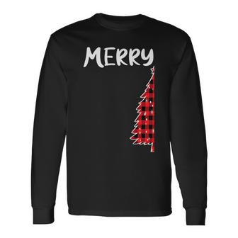 Merry Christmas Tree Buffalo Plaid Xmas Couples Matching Long Sleeve T-Shirt | Mazezy