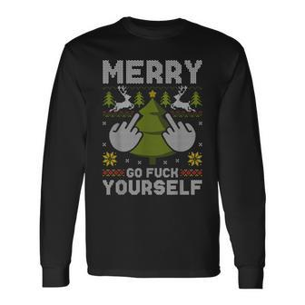 Merry Go F Yourself Middle Finger Ugly Christmas Sweater Long Sleeve T-Shirt - Monsterry UK