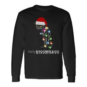 Merry Kissmyass Cat Christmas Lights Long Sleeve T-Shirt - Monsterry UK