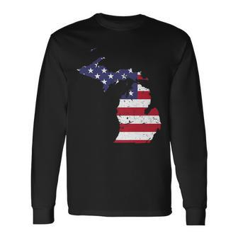 Michigan Map State American Flag 4Th Of July Pride Long Sleeve T-Shirt T-Shirt | Mazezy AU