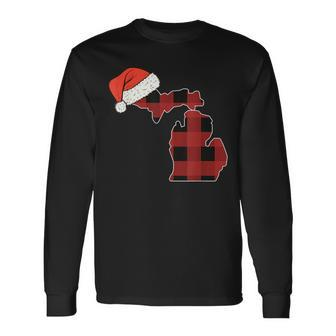 Michigan Plaid Christmas Santa Hat Holiday Matching Long Sleeve T-Shirt - Thegiftio UK