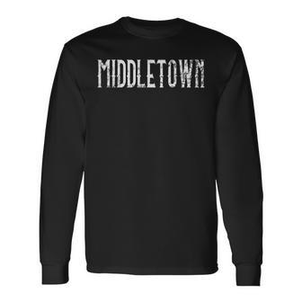 Middletown Vintage White Script Apparel Long Sleeve T-Shirt | Mazezy