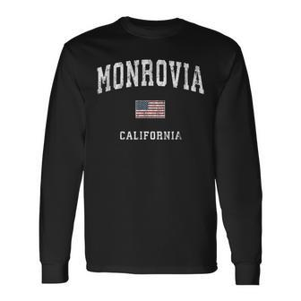 Monrovia California Ca Vintage American Flag Sports Long Sleeve T-Shirt | Mazezy
