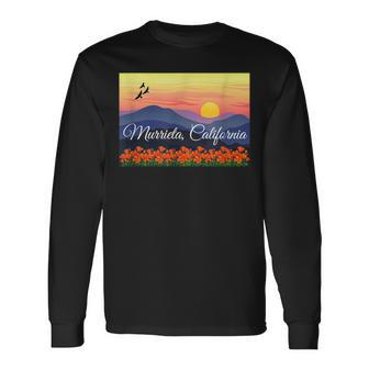 Murrieta Calfornia With Poppies And Sunset Over Mountains Long Sleeve T-Shirt | Mazezy