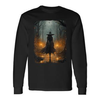 Mystical Witch Walking The Forest Halloween Gothic Painting Long Sleeve - Seseable