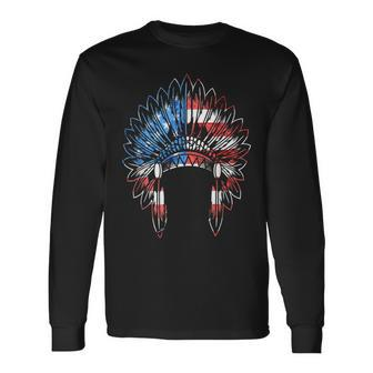 Native American Feather Headdress Usa America Indian Chief Long Sleeve T-Shirt T-Shirt | Mazezy