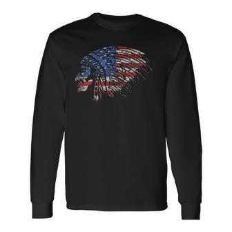 Native American Flag Red White Blue Headdress Distressed Long Sleeve T-Shirt T-Shirt | Mazezy