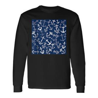 Nautical Navy Blue Anchor Pattern Long Sleeve T-Shirt T-Shirt | Mazezy