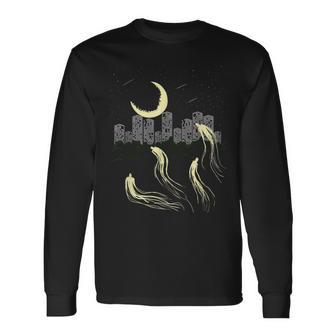 Night Sky Moon Star Building Ghost City Galaxy Horror Ghost Long Sleeve T-Shirt | Mazezy