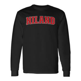 Niland California Souvenir Trip College Style Red Text Long Sleeve T-Shirt | Mazezy