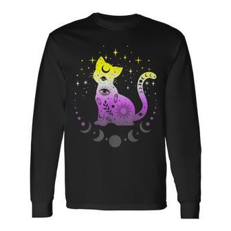Nonbinary Pride Flag Colors Non-Binary Astronomy Cat Long Sleeve T-Shirt T-Shirt | Mazezy