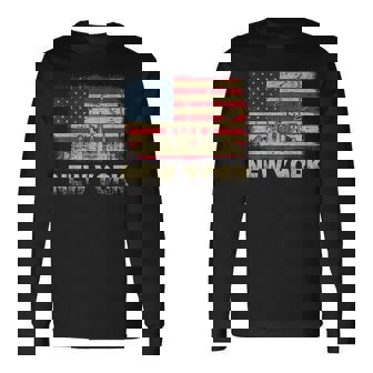 Nyc New York City Skylines Usa Flag America Vintage Long Sleeve T-Shirt T-Shirt | Mazezy