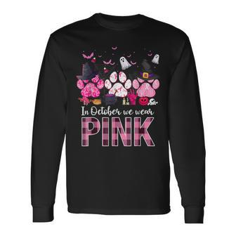 In October We Wear Pink Breast Cancer Halloween Dog Paws Long Sleeve T-Shirt - Seseable