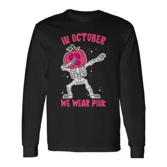 In October We Wear Pink Breast Cancer Pumpkin Halloween Boys Long Sleeve T-Shirt | Mazezy