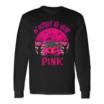 In October We Wear Pink Cute Cat Breast Cancer Awareness Long Sleeve T-Shirt | Mazezy