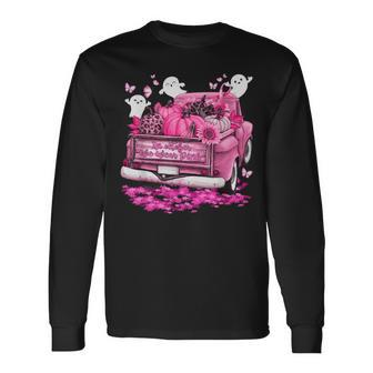 October We Wear Pink Ghosts Pumpkins Breast Cancer Halloween Long Sleeve T-Shirt | Mazezy