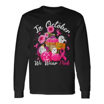 October We Wear Pink Pumpkin Ghost Halloween Breast Cancer Long Sleeve T-Shirt | Mazezy