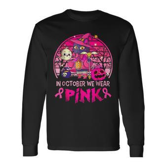 In October We Wear Pink Witch Cat Breast Cancer Awareness Long Sleeve T-Shirt | Mazezy DE