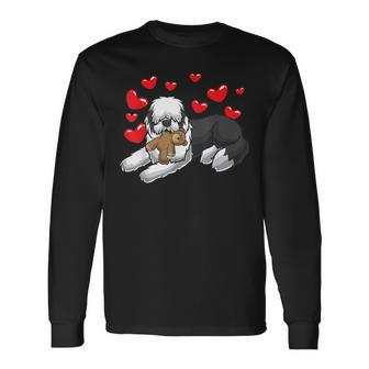 Old English Sheepdog Dog With Stuffed Animal And Hearts Long Sleeve T-Shirt | Mazezy