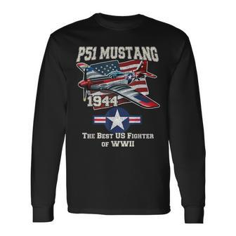 P51 Mustang Ww2 Warbird Plane American Flag Military Long Sleeve T-Shirt - Monsterry DE