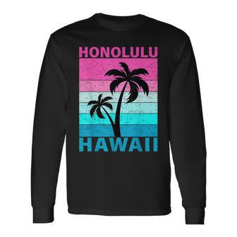 Palm Tree Vintage Family Vacation Hawaii Honolulu Beach Long Sleeve T-Shirt | Mazezy