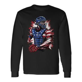 Patriotic Baseball Catcher Vintage American Flag 4Th Of July Long Sleeve T-Shirt | Mazezy AU