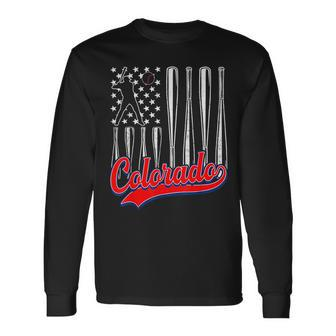 Patriotic Colorado Cityscape American Flag Baseball Skyline Long Sleeve T-Shirt | Mazezy